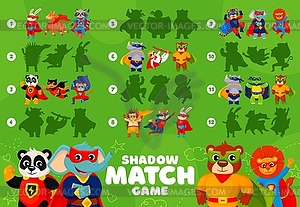 Shadow matching game with superhero animals - vector clip art