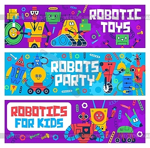 Cartoon robot and droid kids toys, space machines - vector clip art