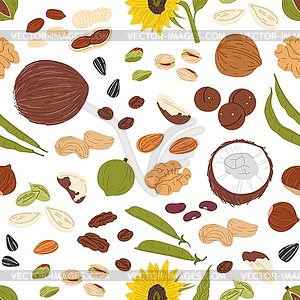 Nuts, seeds, beans seamless pattern, food - vector clip art
