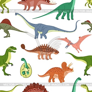 Cartoon dinosaurs and dino egg seamless pattern - vector clipart