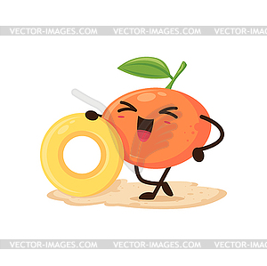 Мультяшный персонаж с оранжевыми фруктами на летнем пляже - векторный клипарт / векторное изображение