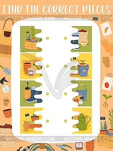Find correct half of farm and gardening tools - vector clipart