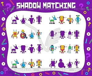 Shadow matching quiz game, cartoon robots, droids - vector image