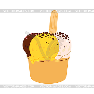 Летнее десертное мороженое в бумажной миске с палочкой - рисунок в векторе