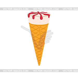 Ice cream scoop with jam in waffle cone, dessert - vector clipart