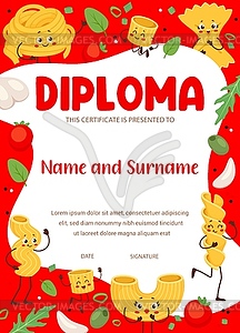 Kids diploma of cook with italian pasta characters - vector clip art