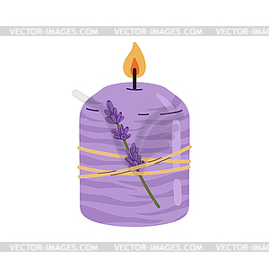 Burning wax candle with lavender flower decoration - vector image