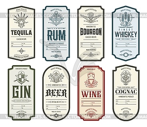 Vintage alcohol labels, tequila, whiskey, rum, gin - vector clipart