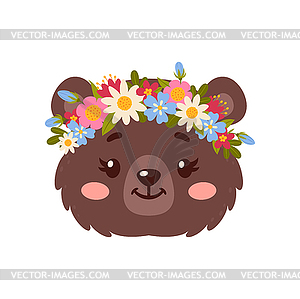 Bear cute animal in flower wreath crown, grizzly - vector clip art