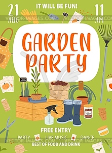 Garden party flyer with gardening tools - stock vector clipart