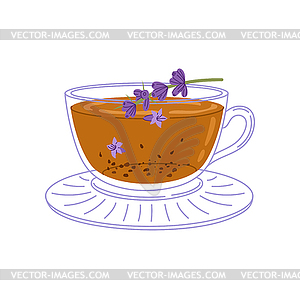 Tea with lavender flower branches, floral element - vector clip art