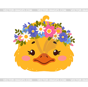 Утка милое животное с цветочной короной, куриная птица - клипарт в векторе