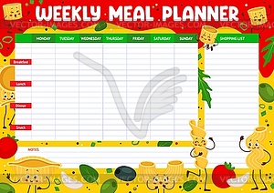 Weekly meal planner with italian pasta characters - vector image