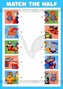 Match half of cartoon superhero animals - vector clip art