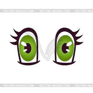 Green comic eyes, cartoon eyeballs with eyelashes - color vector clipart