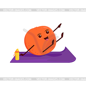 Cartoon sweet mandarin character in yoga pose - vector image