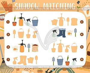 Shadow matching game of farm and gardening tools - vector image