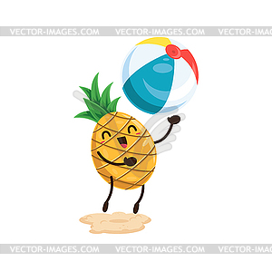 Cartoon fresh pineapple fruit playing with ball - vector image