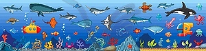 Underwater pixel game surface, sea animals, fish - vector clipart