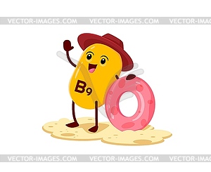 Cartoon vitamin B6 cheerful character on beach - vector image