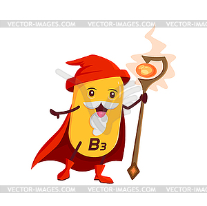 Cartoon vitamin B3 wizard character, niacin - vector clip art