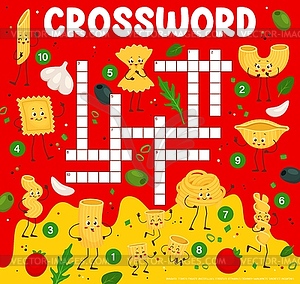 Crossword quiz game grid, cartoon pasta characters - vector clipart