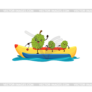 Мультяшные фрукты дуриан команда гребет на байдарке в океане - векторная иллюстрация