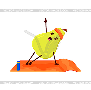 Cartoon funny pear fruit character yoga or pilates - vector image