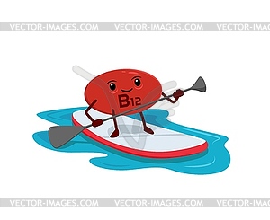 Cartoon vitamin B12 character on sup board - vector image