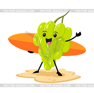 Cartoon grape character with surf board on beach - vector clip art