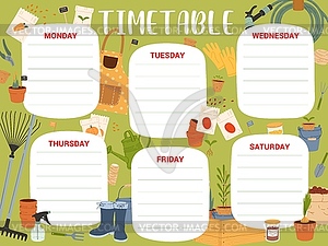 Timetable schedule, farm and gardening tools plan - vector clipart