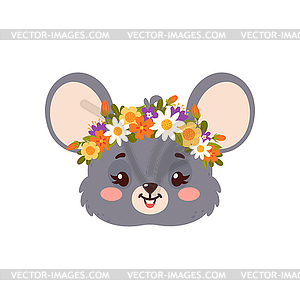 Mouse cute animal with flower crown, cartoon face - stock vector clipart