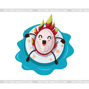 Cartoon dragon fruit character float on ring - vector image