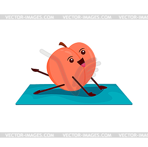 Cartoon peach fruit character on yoga or pilates - vector image