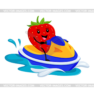 Cartoon strawberry berry fruit riding water bike - vector clip art