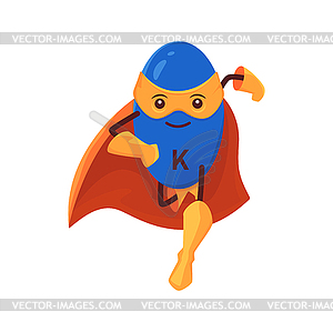 Cartoon potassium kalium superhero micronutrient - vector image