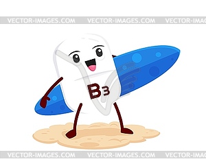 Cartoon vitamin B3 cute character with surf board - vector clipart