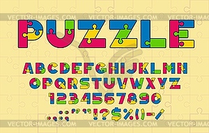 Puzzle font or type, jigsaw typeface alphabet - stock vector clipart