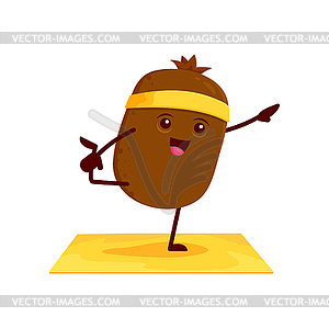 Funny cartoon kiwi fruit character on yoga pilates - vector image