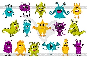 Cartoon monster characters, cute comic mutants - vector clipart