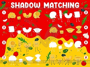 Shadow matching game with italian pasta characters - vector clipart
