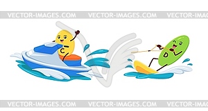 Cartoon C and D vitamin character on water scooter - vector image