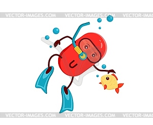 Cartoon vitamin U scuba diver funny character - vector clipart