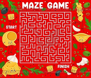 Labyrinth maze game with italian pasta characters - vector clip art