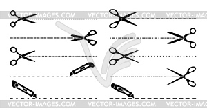 Cut lines, scissors, utility knife cutting lines - vector clipart / vector image