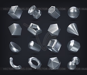 3D silver geometric shapes, glossy metal figures - royalty-free vector clipart