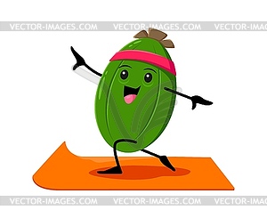 Мультяшный персонаж из фрукта фейхоа на занятиях йогой и фитнесом - изображение в векторе