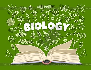 Biology textbook, symbols, icons on school board - vector clip art