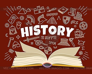 History textbook, symbols, icons on school board - vector image