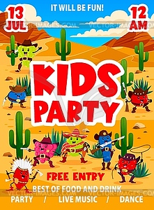 Kids party western flyer, cartoon berry cowboys - vector image